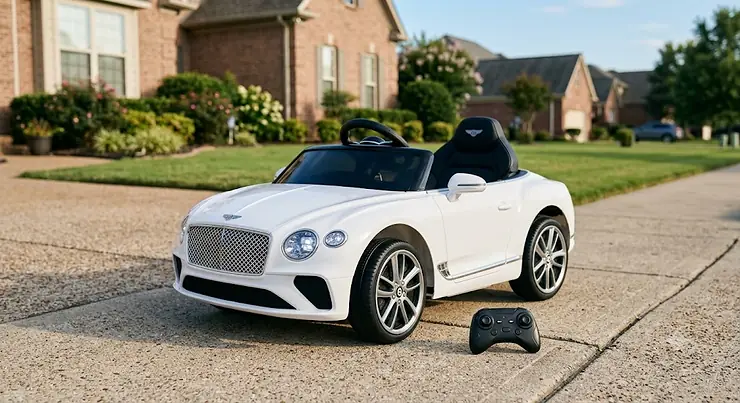 White electric Bentley ride-on car with parent remote control parked on a suburban driveway.