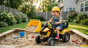 Young child scooping sand into a construction ride-on tractor toy equipped with an interactive loader.