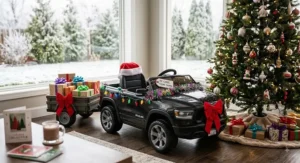 A decorated Ram truck ride-on toy with a trailer next to a Christmas tree as a holiday gift.