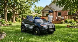A black 12V battery powered ride on police car for kids parked on green grass in a suburban backyard.