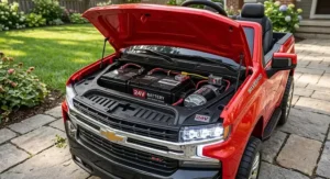 Open hood demonstrating the powerful 24V rechargeable battery system of the kids Chevy Silverado truck