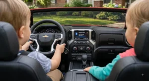 Interactive dashboard with Bluetooth audio player and horn buttons inside the 24V Chevy Silverado ride on truck