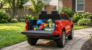 Spacious rear cargo bed of a 24V Chevy Silverado ride on truck filled with toys