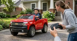 Parent using a wireless remote control to steer the 24V Chevy Silverado ride on truck
