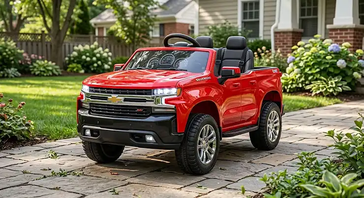 Red 24V Chevy Silverado ride on truck for kids with working LED lights parked outdoors chevy silverado ride on truck 24v