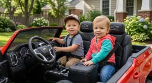 Two toddlers sitting in the padded leather seats of a 2-seater 24V Chevy Silverado ride on truck