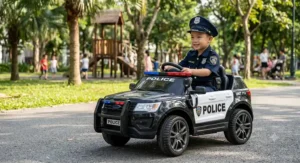 A young boy dressed in a police officer costume pretending to drive a ride on police car for kids.