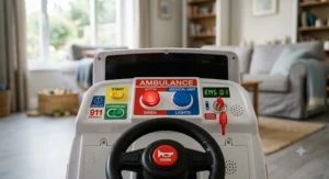 Close-up view of the dashboard, working siren buttons, and steering wheel on a toddler ambulance ride-on toy car.