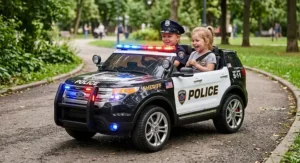 Two-seater electric ride on police car featuring working red and blue flashing emergency lights and an authentic siren sound system