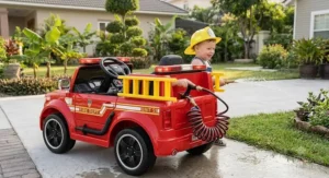 Fire engine ride-on toy for toddlers featuring a functional rear water hose attachment and ladder.