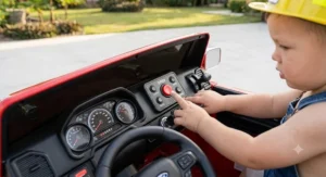 Toddler fire truck ride-on car equipped with realistic siren sound effects and dashboard control panel.