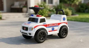 Foot-to-floor ambulance ride-on toy car designed for toddlers with steering wheel and siren sounds.