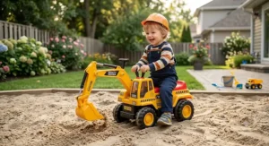 Foot-to-floor construction ride-on excavator toy with realistic engine sounds for young toddlers.