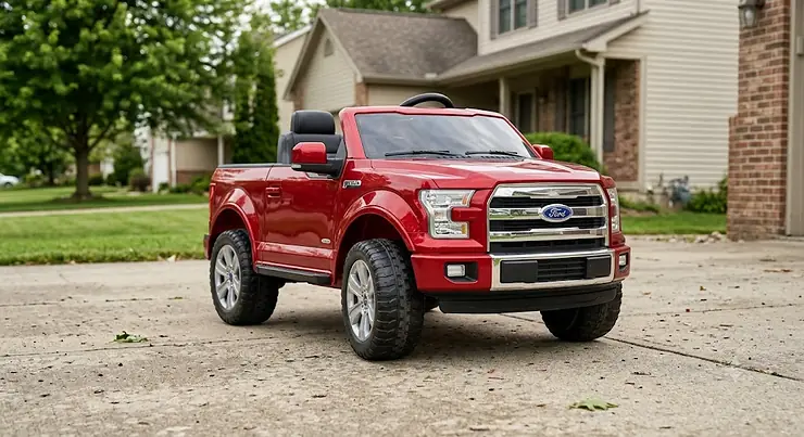 Red Ford F150 ride on truck for kids parked on a suburban driveway.