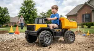 Child playing in a toy dump truck style ride on truck with heavy duty treaded rubber tires.