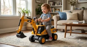 Toddler happily riding a durable construction excavator ride-on toy across a living room rug.