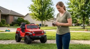 Parent using the wireless remote control feature for a red 12V Jeep Wrangler kids ride-on car
