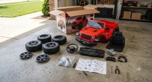 Unboxed parts and step-by-step assembly manual for a kids 12V Jeep Wrangler ride-on car