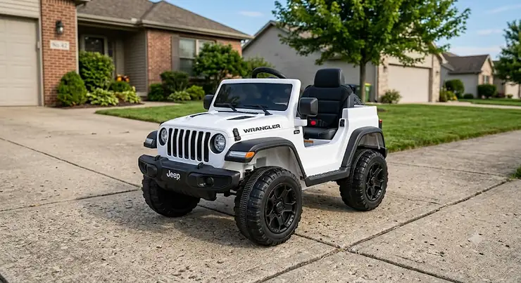 White 12V Jeep Wrangler ride-on car for kids parked on a suburban driveway jeep wrangler ride on car 12v