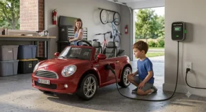 Illustration showing a battery-powered two-seater convertible ride-on car charging in a garage.
