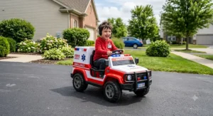 Young child driving a red and white battery-powered kids electric ambulance ride-on toy car outdoors on a driveway.