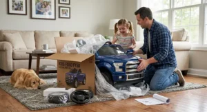 Unboxing a kids Ford F150 electric ride on toy car in a living room.