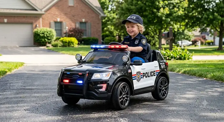 Young child driving a mini battery-powered kids police car ride on with active flashing emergency siren and LED lights on a suburban driveway