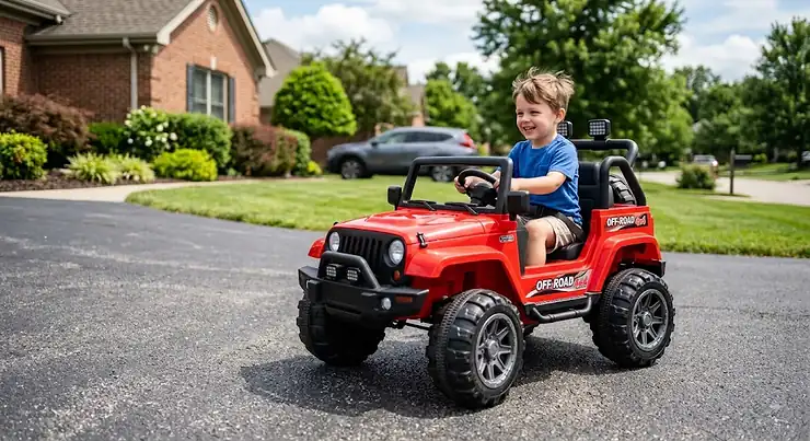 Young child driving a red 24V ride on truck with rubber tires on a paved driveway.