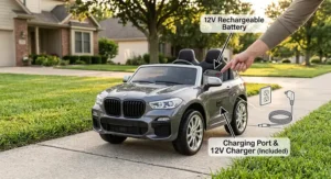 Diagram illustration explaining the 12V battery and charging port location on a 2 seater luxury ride on car for toddlers