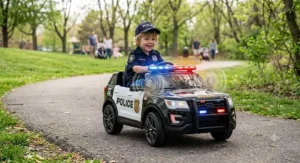 Child riding an outdoor battery operated police car ride on toy equipped with loud siren horn and vibrant light bars