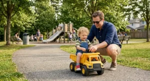 Father helping his toddler steer a yellow construction ride-on truck toy at a neighborhood park.