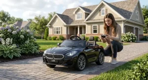 Parent operating a parental remote control for a luxury black two-seater convertible ride-on car.