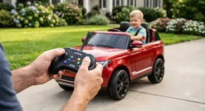 Parent using a wireless remote control to safely steer a 24V Range Rover ride-on car for toddlers.