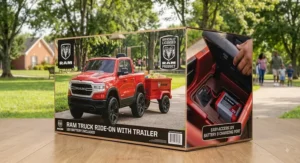 Product box illustration for the Ram truck ride on toy with trailer showcasing the official license logo.
