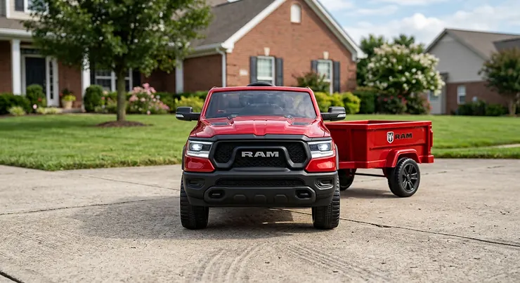 Front view of a red Ram truck ride on toy with a matching detachable trailer parked on a suburban driveway.