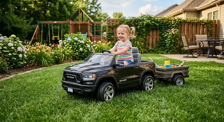A toddler driving a Ram truck ride-on toy with an attached trailer on a green backyard lawn. gmc sierra ride on truck