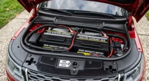 Rechargeable 24V battery setup and charging port under the hood of a kids Range Rover ride-on car.