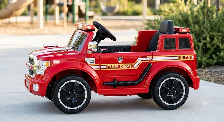 Bright red electric fire truck ride-on car for toddlers with flashing emergency lights and working steering wheel. fire truck ride on car for toddlers