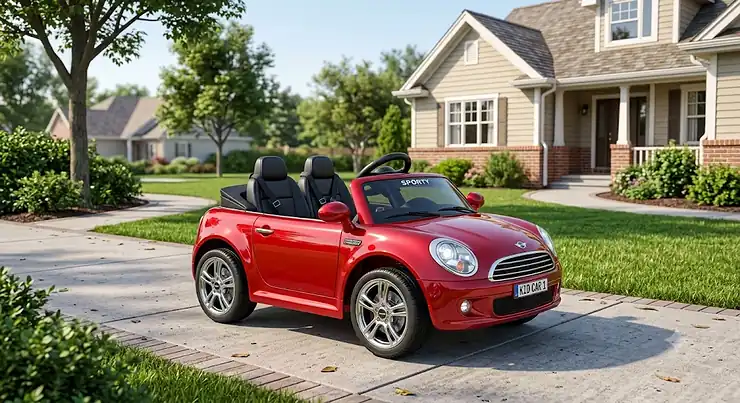 A shiny red two-seater convertible ride-on car parked on a suburban driveway.