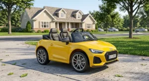 A sporty yellow two-seater convertible ride-on car designed for young children.