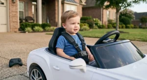 Young child buckled securely with a seat belt inside a Bentley ride-on car with parent remote control.