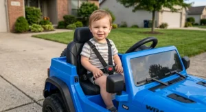 Toddler safely buckled into the adjustable seat belt of a blue 12V Jeep Wrangler ride-on toy