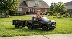 A young boy driving a black Ram truck ride on toy with trailer across a green backyard lawn.