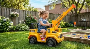 Little girl operating a construction ride-on crane toy with lever controls in a sunny backyard.