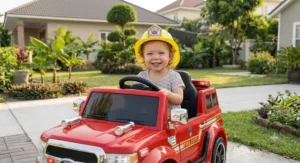 Little girl in a plastic firefighter helmet smiling inside a red fire truck ride-on car in a backyard.