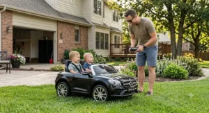 A dad using a parental remote control to steer a black two seater luxury ride on car for toddlers in the backyard