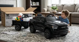An unboxed 12V Ram truck ride-on toy with a trailer sitting on a living room floor.