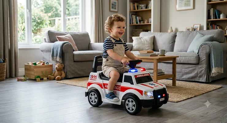 Toddler riding an ambulance ride-on toy car with functional emergency lights in a living room.