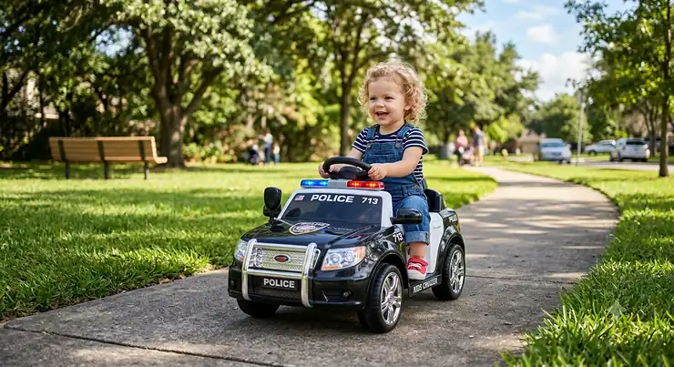 A toddler driving a black and white ride on police car for kids on a paved sidewalk.