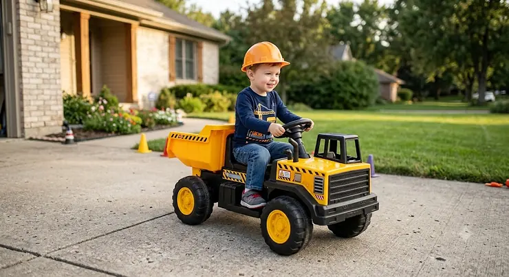 Little boy driving a motorized construction ride-on dump truck toy with a hard hat on a concrete driveway.